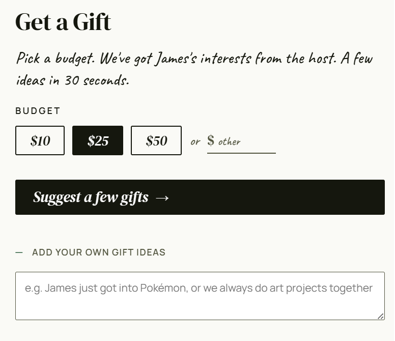 Gift matcher showing three suggested gifts with prices and claim buttons