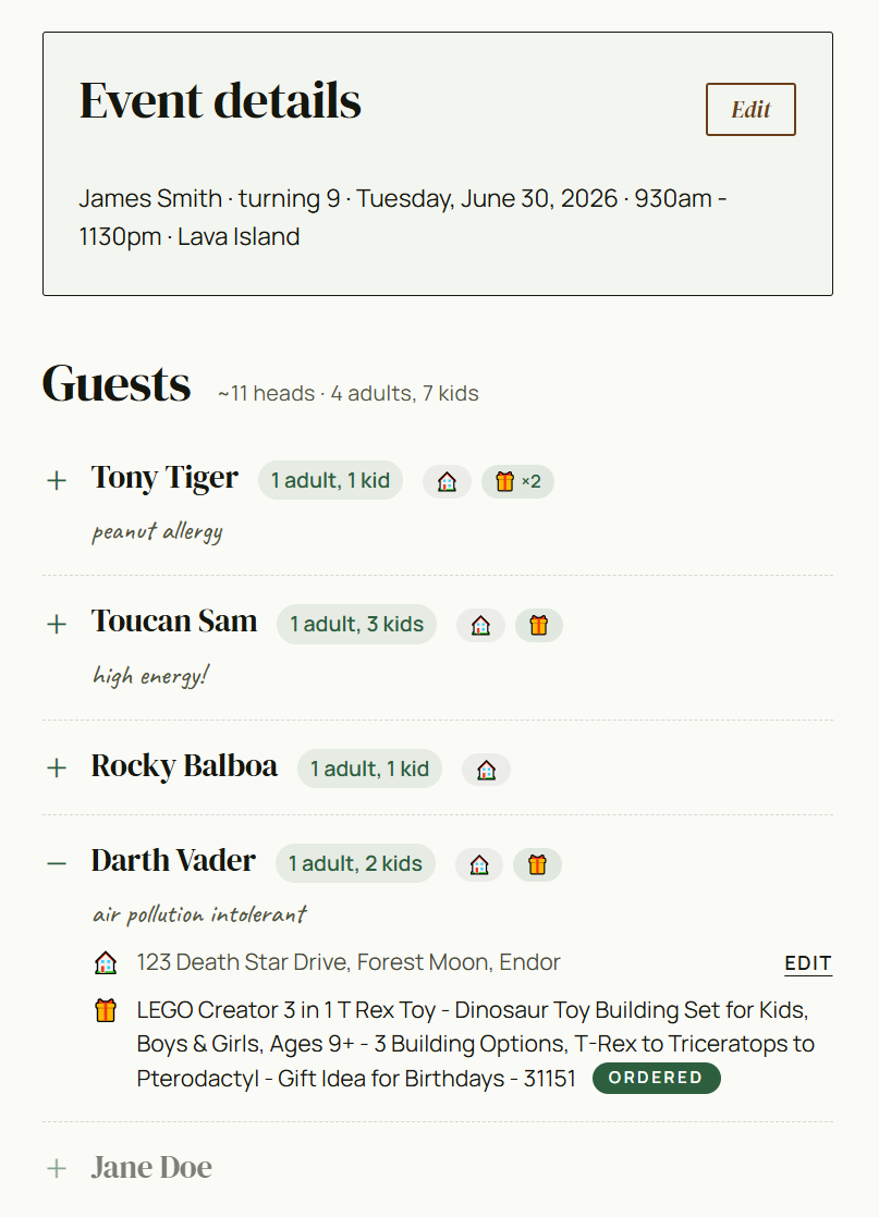 Host page showing the unified Guests section with attendees, addresses, and gifts