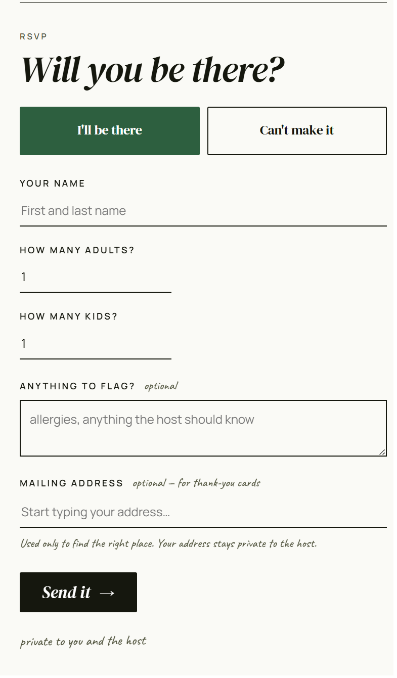Guest-facing RSVP form with name, headcount, and dietary notes fields