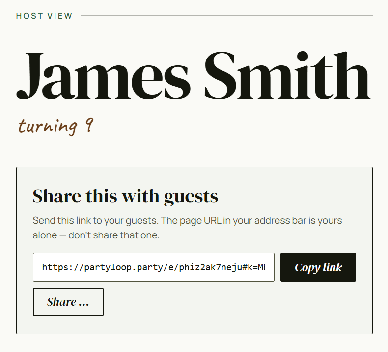 Share-this-with-guests section showing the public guest URL and copy/share buttons