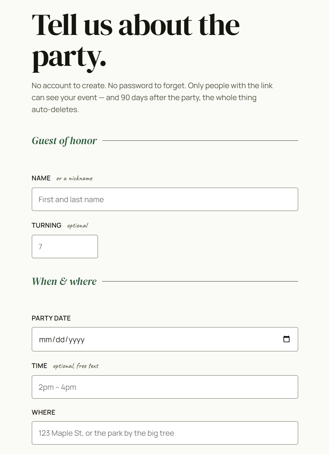 The /start form with fields for guest of honor, date, location, host, and interests