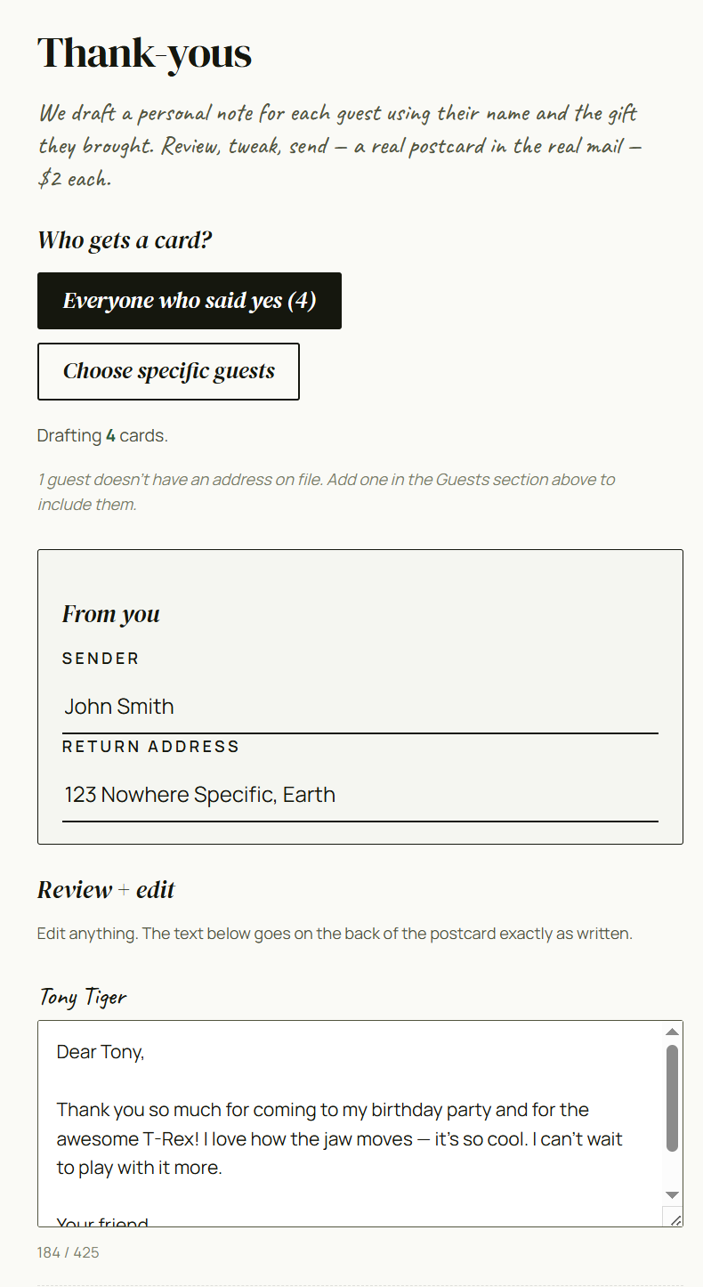 Thank-yous section showing the recipient picker and draft review flow